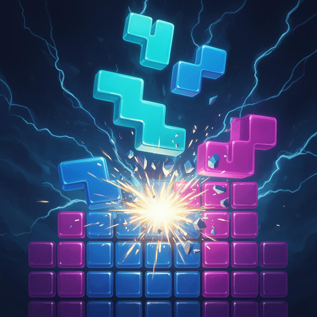 Neon tetromino blocks bursting on a glowing grid