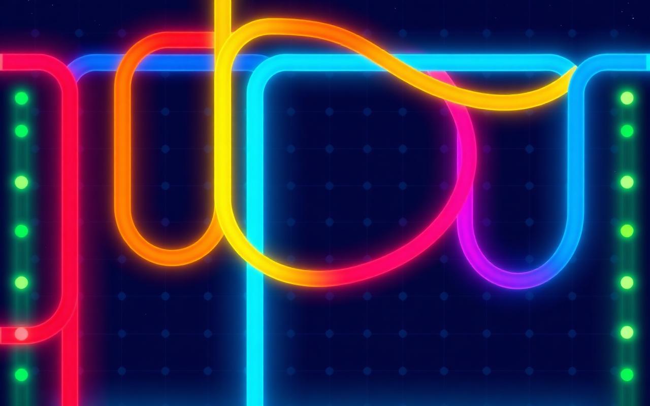 Glowing colored pipes weaving through a dark grid connecting dots