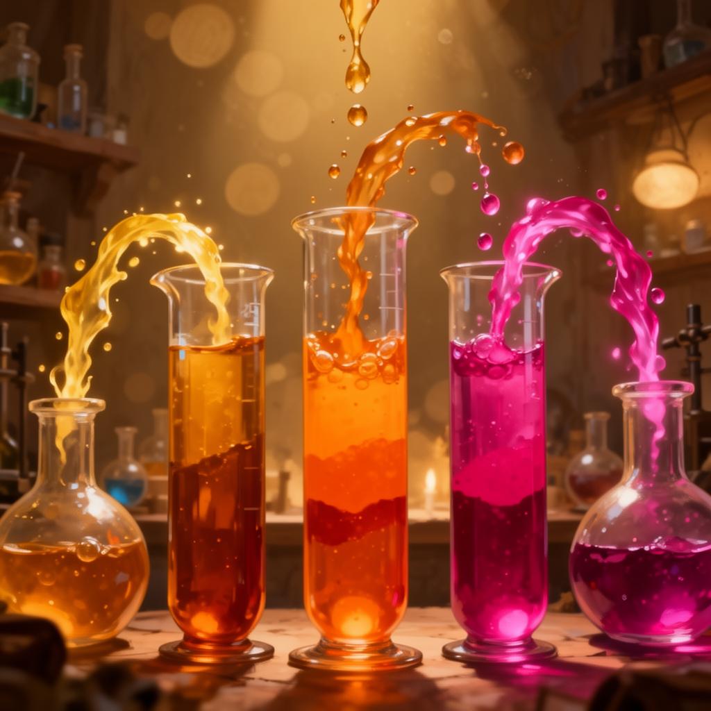 Colorful liquids pouring between glass test tubes