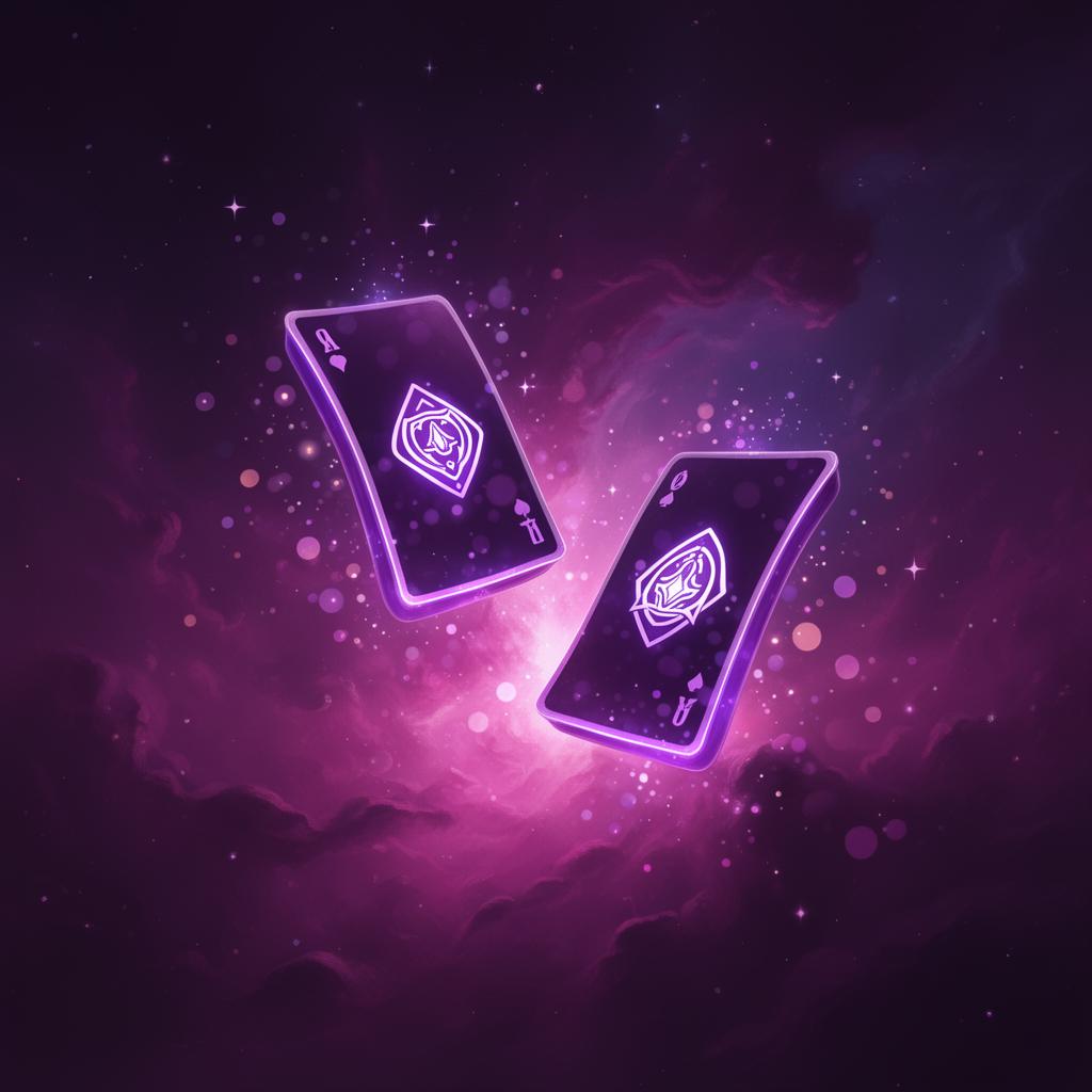 Glowing playing cards floating in a violet nebula