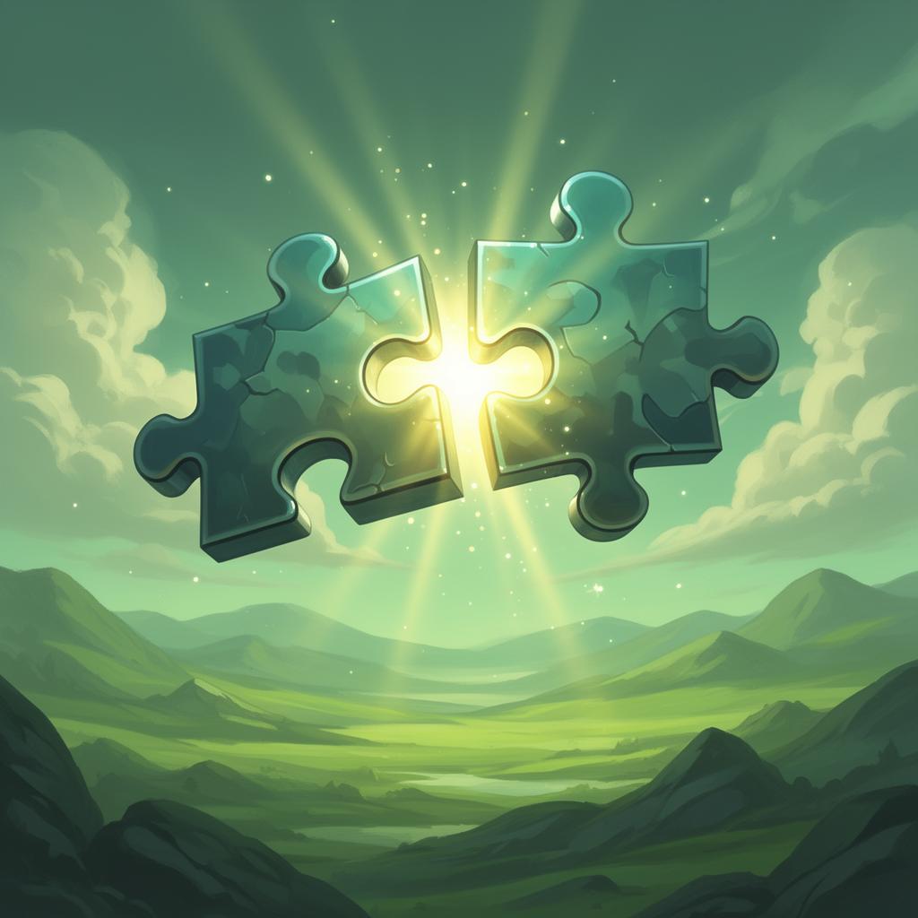 Giant jigsaw puzzle pieces snapping together over a green landscape