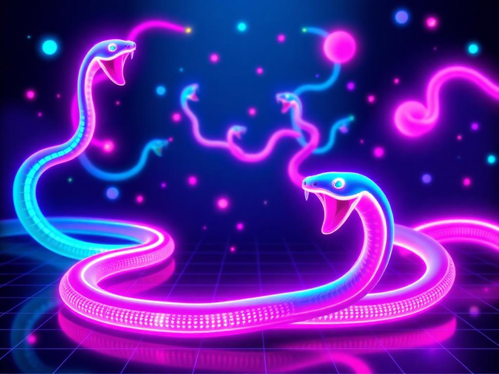 Glowing neon snakes slithering through a dark cyberspace arena